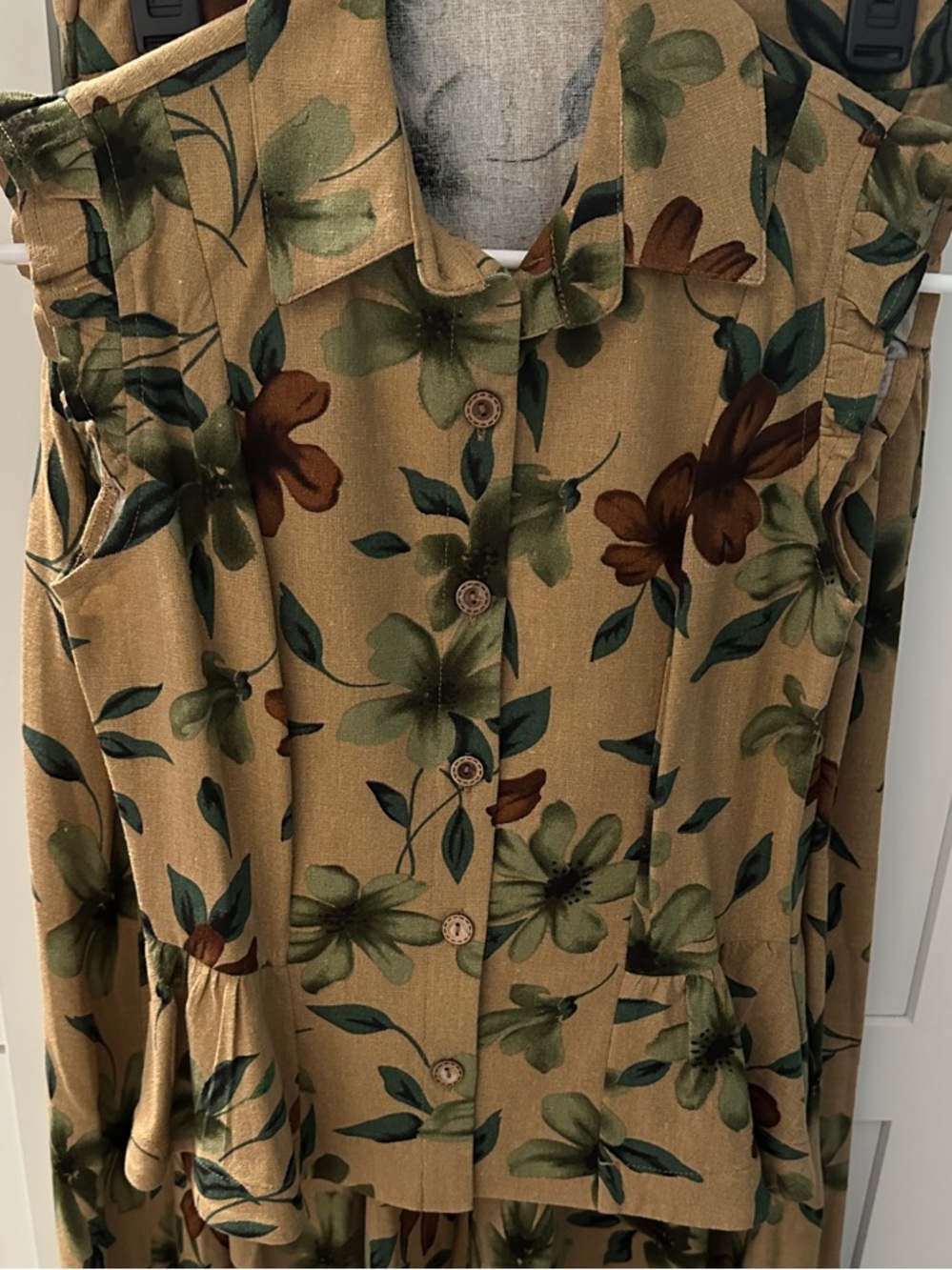 Floral Print Two Piece Linen Skirt and Blouse Set Brown, Burgundy, and Green